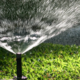 Pop up sprinkler head sprays in wide fan pattern
